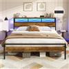 DICTAC Letto matrimoniale 180x200 cm con illuminazione a LED e presa, base con stazione USB, spazio di archiviazione (31,5 cm) e rete in metallo