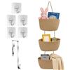 PENRUNKA Cestini Portaoggetti da Appendere 3 Livelli con 5 Gancio Autoadesivo, Organizzatore di Porte Intrecciare Cordoncini Cotone Multifunzionale e Salvaspazio per Soggiorno, Bagno, Camera Letto, Cucina