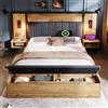 ZYLOYAL10 Letto matrimoniale imbottito 180 × 200, impianto letto con lampada da lettura e U-S-B C comodino e panca con vano portaoggetti, struttura del letto con rete a doghe in metallo, legno e lino