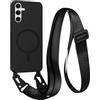 FMPCUON FNPCUON Cover Magnetica con Cordino per Samsung Galaxy A55 Compatibile con MagSafe,Ricarica Wireless, Placcatura Disegno Custodia con Collana Laccio Tracolla Regolabile Case.Nero