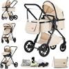GLOKID Passeggino 3 pezzi, passeggino, passeggino 3 in 1, passeggino pieghevole, pneumatici in gomma, con accessori, Gondola, Adaptateurs, 25 kg，Bianco