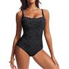 Hanna Nikole Costume da bagno da donna con texture jacquard, intero, snellente, con scollo quadrato, push up, spalline regolabili, con bordo ondulato, Nero , M
