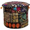 DK Homewares Ottomane Pouf Hassock Rotondo Etnico Patchwork Nero Ricamato Pouf in Cotone Ricamato Pouf Decorativo poggiapiedi Sgabello | (18x18x13 Pollici / 45 cm) | Solo Copertura
