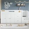 ZYLOYAL10 Letto in legno, letto per bambini, mezza altezza, scala portaoggetti con ante magnetiche, con due grandi cassetti e armadio, pino + MDF + compensato, bianco + naturale, 90 x 200 cm