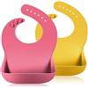Vicloon Bavaglini Silicone, 2 Pezzi 3D Bavaglino Silicone Impermeabile Senza BPA, Bavaglini Pappa Svezzamento con Tasca Raccoglipappa, 6 Misure Regolabili, per Bambini e Neonati, Rosa e Giallo