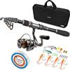 Plusinno Canna da pesca telescopica e mulinello, kit di avviamento per canna da pesca da viaggio pieghevole, in fibra di carbonio e 12 +1 cuscinetti in acciaio inossidabile, regali per pesca