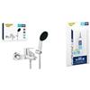 GROHE Start QuickFix & QuickGlue S - Set miscelatore monocomando per vasca (manopola doccia rotonda 11 cm, 1 getto, supporto a parete, flessibile doccia da 1,5 m, risparmio idrico), cromo, 25283002