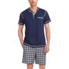 Litherday Pigiama Uomo Estivo Cotone Due Pezzi Pigiama Corto Uomo con Maglia Girocollo Tinta Unita e Pantaloncini Scozzesi con Coulisse e Tasche, Verde, 3XL