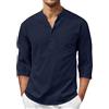 Generic Camicia da uomo in lino e cotone, maniche 3/4, colletto alla coreana, casual, con bottoni e tasca, traspirante, camicia estiva da spiaggia per uomini di alta statura, Marina Militare, XL