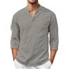 Generic Camicia da uomo in cotone e lino, maniche a 3/4, colletto rialzato, casual, con bottoni, con tasca, traspirante, estiva, da spiaggia, camicie da uomo alte