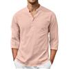 Generic Camicia da uomo in cotone e lino, maniche a 3/4, colletto rialzato, casual, con bottoni, con tasca, traspirante, estiva, da spiaggia, camicie da uomo alte