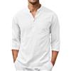 Generic Camicia da uomo in lino e cotone, maniche 3/4, colletto alla coreana, casual, con bottoni e tasca, traspirante, camicia estiva da spiaggia per uomini di alta statura, bianco, XXL