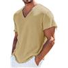 Generic Camicia da Uomo Casual in Lino con Scollo a V a Maniche Corte sfilacciato Bordo Grezzo Maglietta Estiva invecchiata Tinta Unita Leggera Traspirante Top