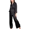 Minetom Eleganti Pigiama Donna Pigiami in Raso Camicia da Notte Sleepwear Due Pezzi Pantaloni a Maniche Lunghe Top con Cintura A Nero S