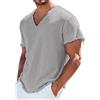 Generic Camicia da Uomo Casual in Lino con Scollo a V a Maniche Corte sfilacciato Bordo Grezzo Maglietta Estiva invecchiata Tinta Unita Leggera Traspirante Top