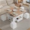 VIEKOS Tavolino da salotto multifunzione 4 in 1, regolabile in altezza, convertibile in tavolo da pranzo, con cassetti, con 4 sgabelli, tavolino da divano mobile, bianco, colore legno naturale