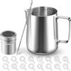 Kolamom Brocca per latte, 350 ml/12 FL.oz in acciaio inox con misurazione marca, spargitore per cacao, 16 stencil per latte e penne, per cappuccino, espresso, latte art, caffè, argento