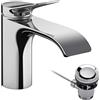 hansgrohe Rubinetto per lavabo Vivenis, rubinetto da bagno con beccuccio altezza 80 mm, con asta di trazione, rubinetto da bagno a risparmio idrico, cromato, autoportante