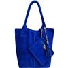 Modarno Borsa shopper da donna in vera pelle scamosciata, con custodia per gioielli dello stesso colore - Borsa a mano - Borsa a spalla (Blu elettrico)