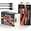 Massate 2 Batterie Ricaricabili 9V 1300mAh, Ioni di Litio con Cavo USB-C 2-in-1, Batteria 9 Volt di Lunga Durata per Rilevatore di Fumo, Pedali per Chitarra e Microfono