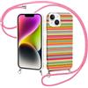 Paovkoi Cover per iPhone 15 con Cordino, Aesthetic estate Stripes Striped Righe Disegni Rosa Silicone Custodia con Regolabile Tracolla Laccio Collana, Protettiva Custodie per iPhone 15 6,1'' - 02