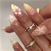 Yamobi 24 unghie estive da incollare - Almond French Nails con fiori 3D e stelle marine, perle dorate fatte a mano in acrilico