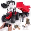 Toyland® 1:24 Trattore radiocomandato rosso in scala caricatore frontale, rimorchio motorizzato e accessori, set di gioco con luci e ricarica USB - Batteria ricaricabile inclusa - Veicolo da fattoria