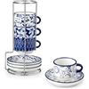 vancasso SELENE - Tazze da Caffè e Cappuccino con Piattino y Porta - 4 x 90 ml - Tazze da Colazione in Porcellana per Latte e Tè, Adatto a Lavastoviglie e Microonde - Vintage in Blu e Bianco