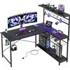 Bestier Scrivania Gaming - Scrivania Angolare a Forma di L 130 cm Reversibile con Prese di Corrente, Luci LED, 4 Ripiani, Gancio e Portabicchieri - Ideale per Ufficio e Gaming