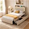 JiaOyu Letto singolo 90 x 200 cm con illuminazione a LED e funzione di ricarica USB, spazio contenitore con 2 cassetti, letto per bambini, adolescenti, ragazze, senza materasso (beige + cassetto)