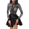 Minetom Vestiti Donna Maniche Lunghe Floreale Pizzo Patchwork Cerniera Pelle Sintetica Abito Scollo a V Linea ad A Vestito Corto Sera Party Cerimonia