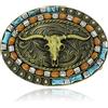 Yjfeshion Fibbia per cintura ovale lunga in corno toro teschio nativo americano vintage turchese perline di legno fibbie cowboy occidentali per uomo regalo, Teschio Oro, L