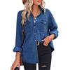 Minetom Donna Camicia in Denim Elegante Manica Lunga Camicetta Blusa Camicia di Jeans Casual Bottoni Scollo V Shirts Tops B Blu XL