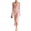 Minetom Vestito Velluto Donna Elegante Invernale Manica Lunga Bodycon Abito Lungo da Sera Cocktail Cerimonia A Rosa M