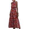 EFOFEI Signora Lungo Cintura Sole Abito Sexy Casuale Data Abiti Vita Prua Cravatta Abito Boho Floreale Fluente Fiore Rosso L