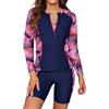 SHEKINI Costume da Bagno da Donna a 3 Pezzi con Protezione per le Gambe a Maniche Lunghe con Zip Frontale, Costume Sportivo con Reggiseno e Slip Boyshort, Costume Tankini, Foglia rosa., M