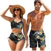 Binienty Costumi da bagno abbinati per coppie, bikini a vita alta da donna e costume da bagno con tasche per uomo, costumi da bagno da spiaggia, Polinesia Plumeria, XL