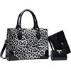 JJKSKV Borsa da donna in pelle verniciata con stampa leopardata, set da 3 pezzi con borsa a tracolla e porta carte., Nero , Small