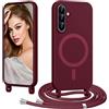 Coiwxmoi Magnetica Cover per Samsung Galaxy A57 con Cordino Regolabile, [Compatibile con MagSafe] Custodia con Collana Tracolla Laccio Collo Liquido Silicone Lanyard Antiurto Case, Rosso Vino