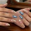 Ruispeed Press on Nails Almond mittellange - Punta francese blu con fiocco dorato 3D e stelle, unghie finte in gel morbido lucido riutilizzabili con adesivi, set da 24 pezzi per donne