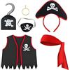 BOZILY 6 pezzi costume da pirata per bambini, ragazze, ragazzi, fascia per gli occhi, orecchino, gancio in tessuto, gilet, bandana, costume da pirata per bambini, per feste di compleanno, gioco di
