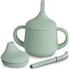 Moonkie Bicchiere 3-Step Antigoccia con Cannuccia e Manici in Silicone, Senza BPA, Lavabile in Lavastoviglie - Tazza Neonato 120 ml (Verde Grigio)