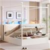 BNUZ Letto matrimoniale multifunzionale in ferro battuto, 140 x 190 cm, bianco, vano letto sollevabile idraulico, baldacchino in ferro battuto, senza materasso