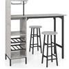 COSTWAY Set 3 Pezzi Tavolo e Sedie da Bar, Grigio | Tavolo e Sgabelli da Pub Industriale con Porta Calici e 6 Portabottiglie da Vino, Set di Tavolo per Sala da Pranzo Ristorante