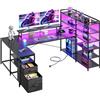 Klyvvo Scrivania Angolare con LED, 160x100cm Grande Scrivania Angolare Reversibile con Cassetti, con Presa di Corrente, Libreria, Supporto per Monitor, Scrivania Gaming per Casa Ufficio, Nero