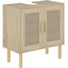HOMCOM Mobiletto da bagno, sottolavello, ante in rattan, stile bohémien, gambe in pino, 2 livelli, 60 x 30 x 60 cm, rovere
