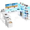 Klyvvo Scrivania Angolare con LED, 160x100cm Grande Scrivania Angolare Reversibile con Cassetti, con Presa di Corrente, Libreria, Supporto per Monitor, Scrivania Gaming per Casa Ufficio, Bianco