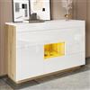 Moimhear Credenza lucida, 120 x 37 x 76,5 cm, colore bianco+legno, con illuminazione LED che cambia colore, con cassetti