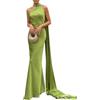 Minetom Donna Elegante Halter Senza Maniche Cerimonia Cocktail Sera Abito Lungo Tinta Unita Maxi Vestito in Raso A Verde XS