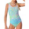 JiAmy Costume da bagno intero per ragazze, con motivo leopardato sfumato e sirena, elasticizzato, senza maniche, per bambine da 6 a 13 anni